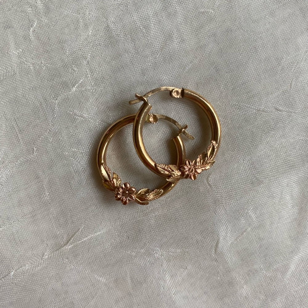 Gold Colored Hoop Earrings with Flowers
